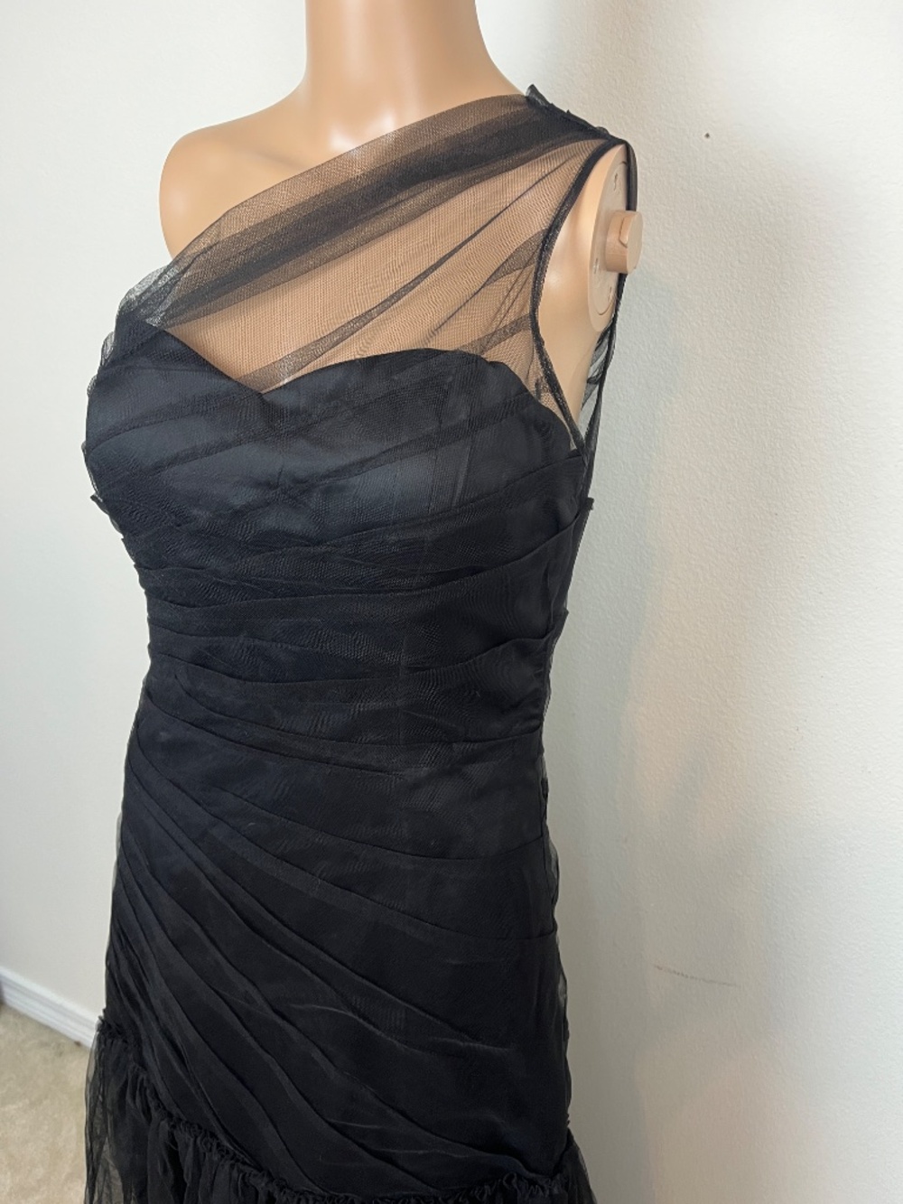 Max and Cleo Black Maxi Long Tulle Dress, One Shoulder, Size 4